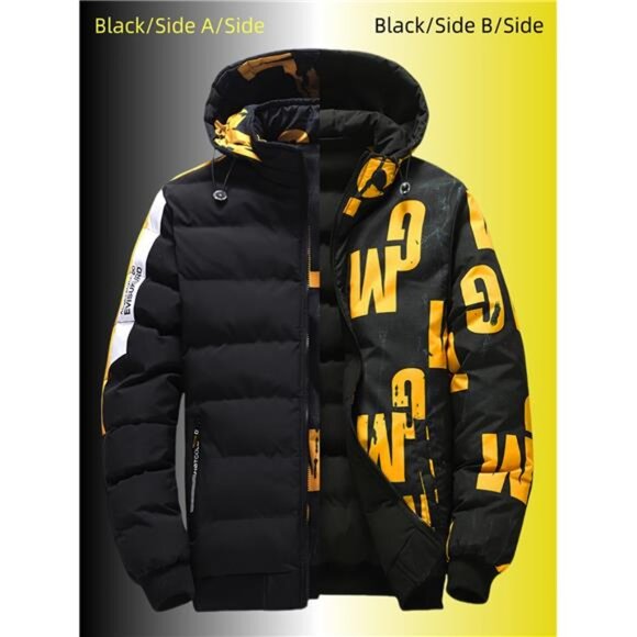 Men's Dynamic Black & Yellow Hooded Puffer - New Urban Style Jacket - Picture 6 of 10